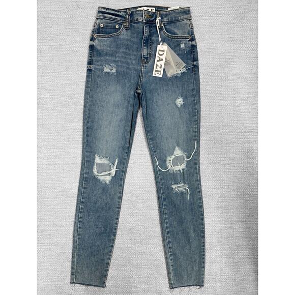 Daze Jeans Women 27 Blue Moneymaker High Rise Skinny Lulus Ripped Fray Stretchy - Picture 1 of 16